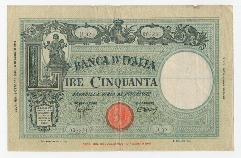 Regno d'Italia - 50 Lire "Barbetti" - RSI - Contrassegni: Testina/BI - Firme: Az...