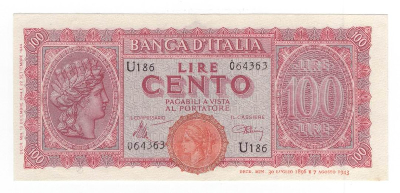 Regno d'Italia - Luogotenenza di Umberto I - 100 Lire "Italia Turrita" - Firme: ...