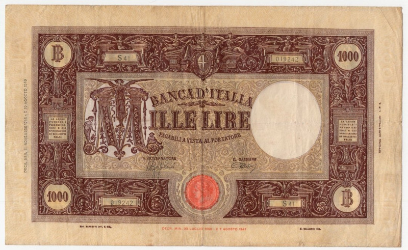 Repubblica Sociale Italiana - 1000 Lire "Barbetti" Grande M - Contrassegni: Test...