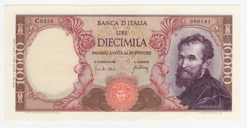 Repubblica Italiana - 10000 Lire "Michelangelo" - Firme: Carli/Febbrajo - Emissi...