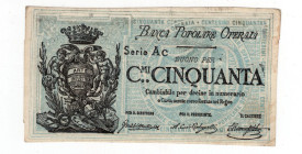 Biglietto Fiduciario - Banca Popolare Operaia di Roma - Buono da 50 Centesimi 1872 - RARA - Gamberini n.1392 - Pieghe, macchie

BB+

SPEDIZIONE SO...