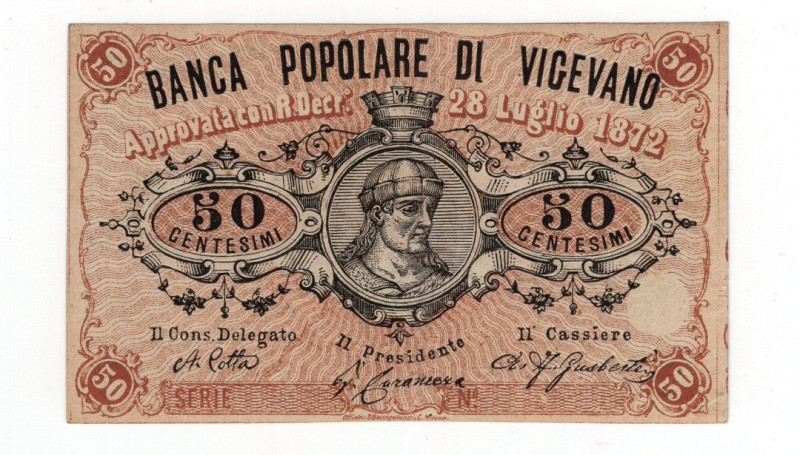 Biglietto Fiduciario - Banca Popolare di Vigevano da 50 Centesimi 1872 - RR MOLT...