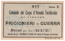 Prigionieri di Guerra - I° Guerra Mondiale - Campo di Firenze - Buono da 2 Lire 1917 - R3 (RARISSIMA) - Gavello 10 - angoli arrotondati, macchie

SP...