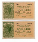 Regno d'Italia - Vittorio Emanuele III, Luogotenenza di Umberto - Lotto n.2 Biglietti di Stato da 2 Lire 23/11/1944 - Crapanzano BS15

med. SPL+

...