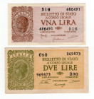Lotto - N.2 Biglietti di Stato - Regno di Vittorio Emanuele III - Luogotenenza di Umberto I - Composto da: 1 Lira e 2 Lire 1944 - Crapanzano BS8, BS15...