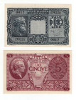 Lotto - N.2 Biglietti di Stato - Regno di Vittorio Emanuele III - Luogotenenza di Umberto I - Composto da: 5 Lire e 10 Lire 1944 - Crapanzano BS31, BS...