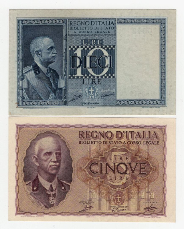 Regno d'Italia - Lotto di 2 banconote: Biglietto di Stato - 5 Lire 1940 XVIII e ...