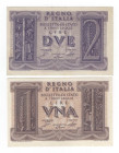 Regno d'Italia - Lotto n.2 banconote - Biglietto di Stato da 1 Lira - Firme: Grassi/Porena/Cossu - Emissione: 14/11/1939 - C3 - Crapanzano n.BS6 - Big...
