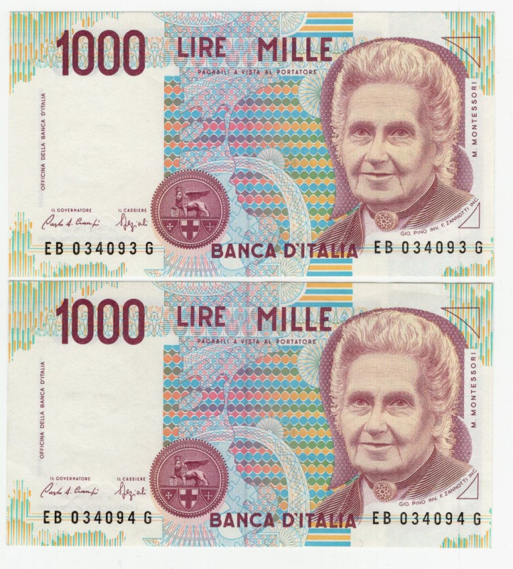 Repubblica Italiana - Lotto n.2 banconote - 1000 Lire "Montessori" - CONSECUTIVE...