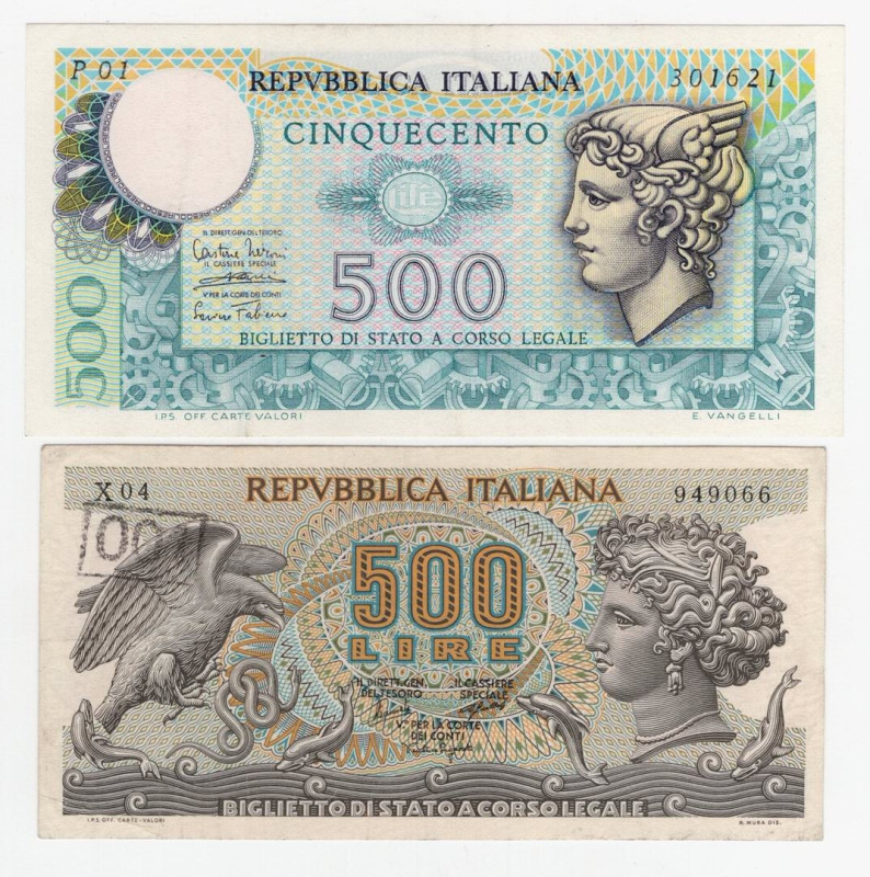 Repubblica Italiana - Lotto n.2 Biglietti di Stato composto da: 500 Lire "Aretus...
