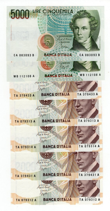 Repubblica Italiana - Lotto n.8 Banconote da 5.000 Lire "Bellini" e 2.000 Lire "...
