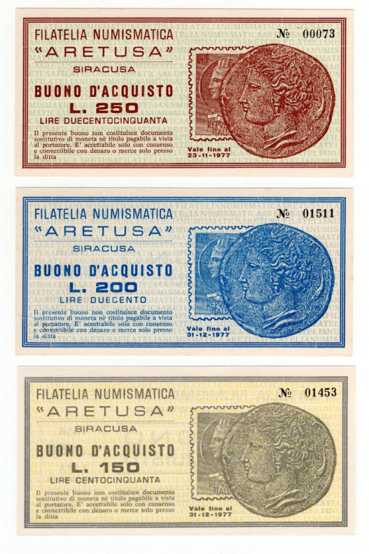 Lotto n.3 Buoni composto da: Filatelia Numismatica "Aretusa", Siracusa, Buono d'...