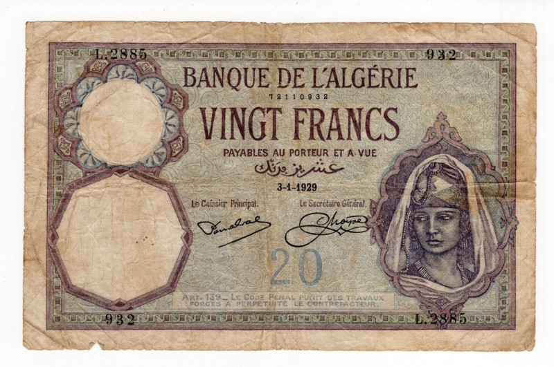 Algeria - 20 Francs 1929 - P#78 - Pieghe, strappi

MB+

SPEDIZIONE SOLO IN I...