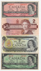 Canada - Elisabetta II (1952-2022) Lotto n.4 Banconote composto da 1 Dollaro 1967 - 1 Dollaro 1973 - 2 Dollari 1986 - 2 Dollari 1954 - Pieghe

med.B...