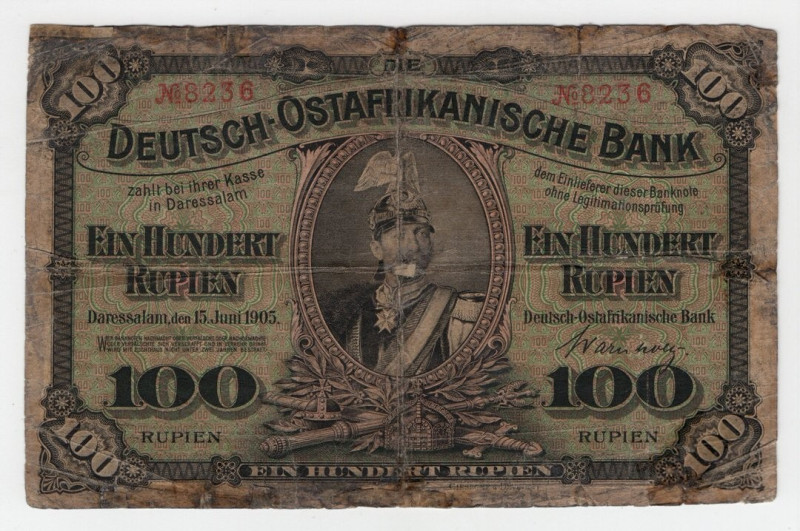 Est Africa Tedesca - Wilhelm II (1888-1918) - 100 Rupien 1905 - P# 04 - pieghe, ...