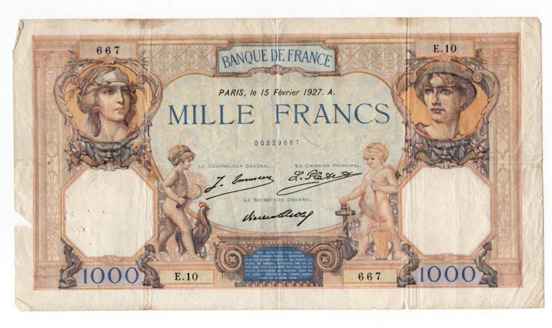 Francia - 1000 Franchi 1927 "Ceres et Mercure" - P#79 - Pieghe, macchie, strappi...