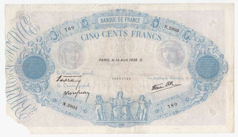 Francia - Terza Repubblica (1870-1940) 500 Francs - Firme: H.de Bletterie - P.Ro...