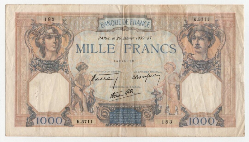 Francia - 1000 Francs "Ceres et Mercure" 1939 - P#90 - Pieghe, strappi

Mb/BB...