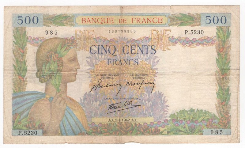 Francia - Banca di Francia - 500 Francs 02/04/1942 ''La Paix'' - N°P.5230 - P95a...