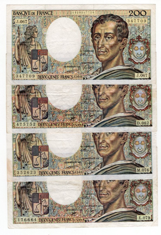 Francia - Lotto n.4 Banconote 200 Franchi "Montesquieu" 1981/1992 - P#155 - Pieg...