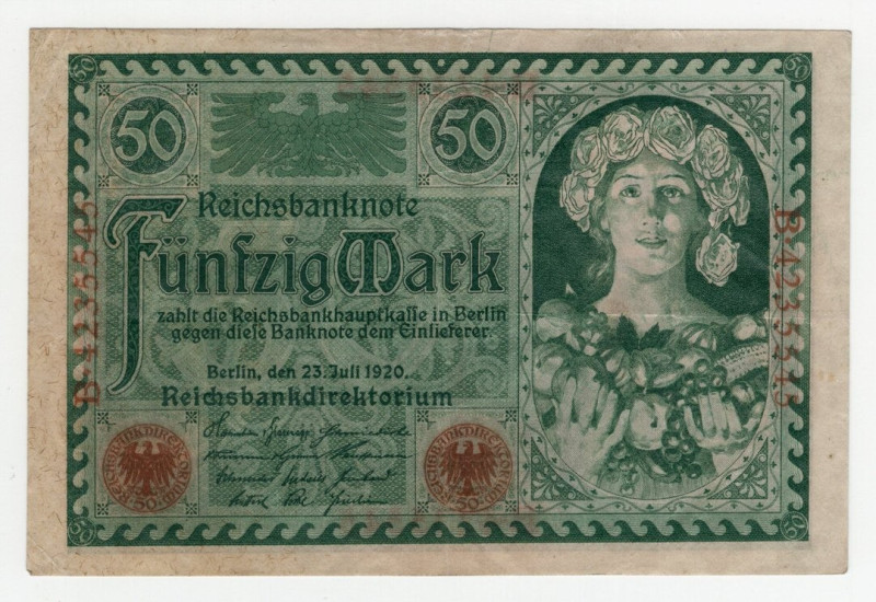 Germania - Repubblica di Weimar - Reichsbanknote - 50 Marchi 1920 - P# 68 - pieg...