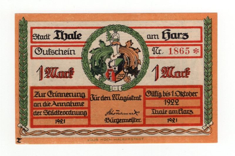 Germania - Thale am Harz - 1 Mark 1921, Notgeld - Grabowski 1320.14a

SPL

S...