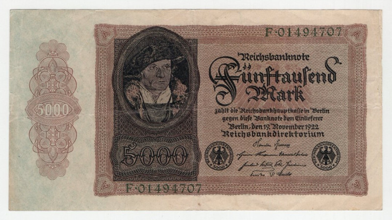 Germania - Repubblica di Weimar - Reichsbanknote - 5.000 Marchi 1922 - P# 78 - p...