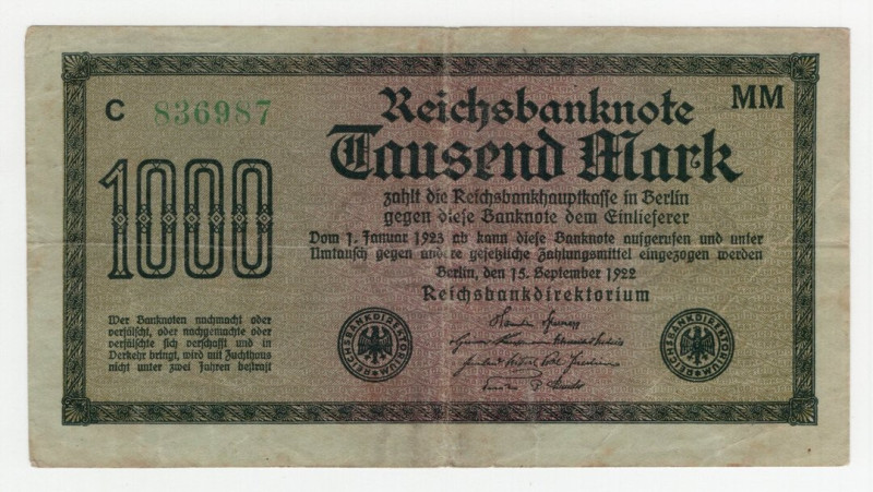 Germania - Repubblica di Weimar - Reichsbanknote - 1.000 Marchi 1922 - P# 76g - ...