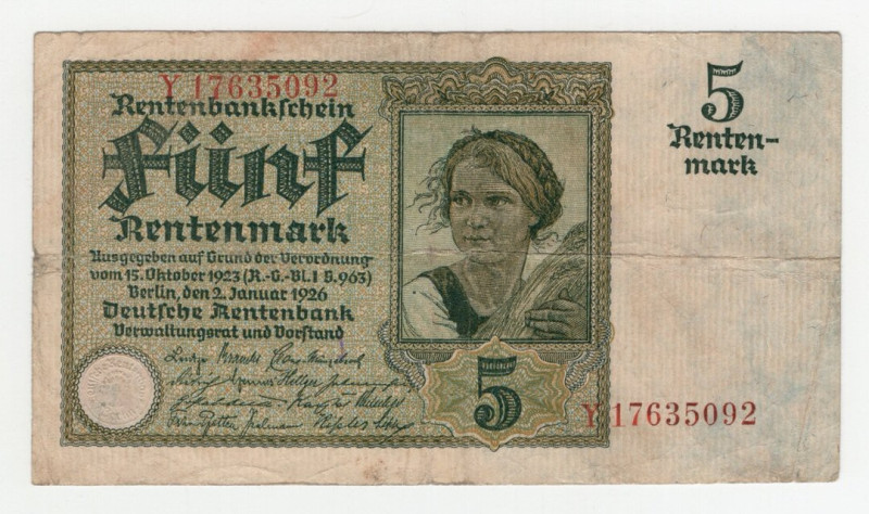 Germania - 5 Rentenmark 1926 - P# 169 - pieghe, macchie

BB-

SPEDIZIONE SOL...