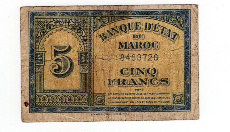 Marocco - 5 Francs 1943 - P#24 - Pieghe, macchie

MB+

SPEDIZIONE SOLO IN IT...