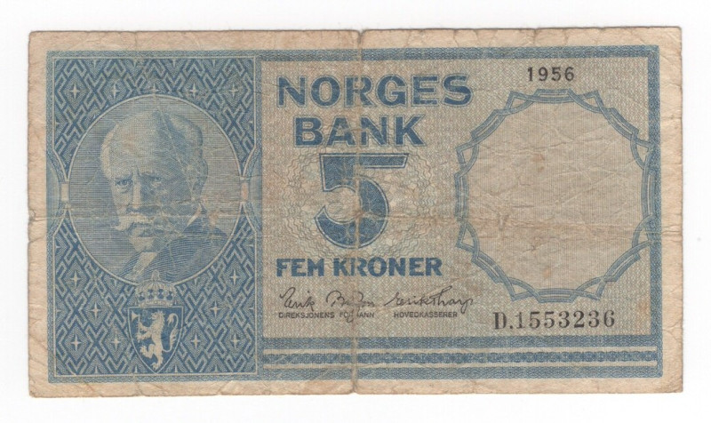 Norvegia - Banca della Norvegia - 5 Kroner 1956 - N°D1553236 - P30 - Pieghe / St...