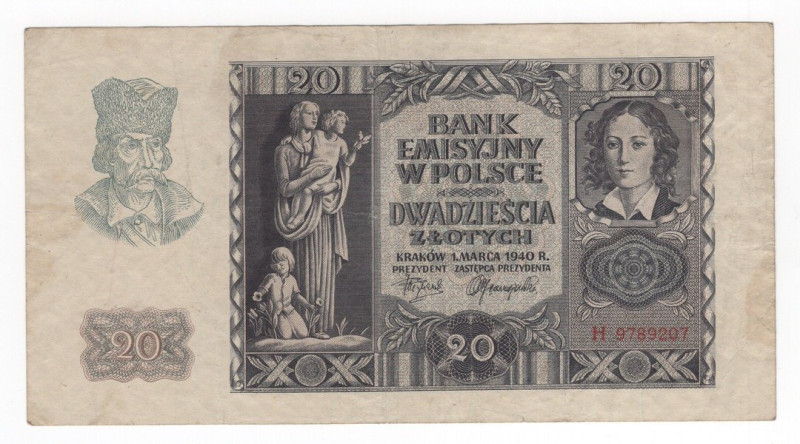 Polonia - Banca Polacca - 20 Zlotych 1940 - "Emilie Plater"- P95 - Pieghe / Macc...