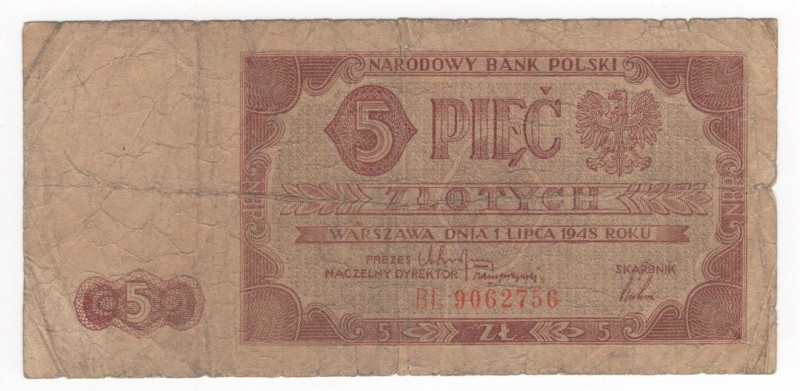 Polonia - Banca Nazionale Polacca - 5 Zlotych 1948 - P135 - Pieghe / Strappi / M...