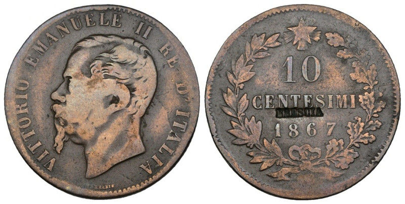 Vittorio Emanuele II (1861-1878) - 10 centesimi 1867 - R/ contromarca coeva "Bre...