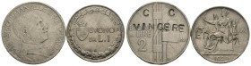 Regno d'Italia - Lotto n.2 Monete composto da: Buono da 2 Lire 1924 "Fascio", R/ Dicitura C C VINCERE - Buono da 1 Lira 1928 "Italia Seduta", R/ Dicit...