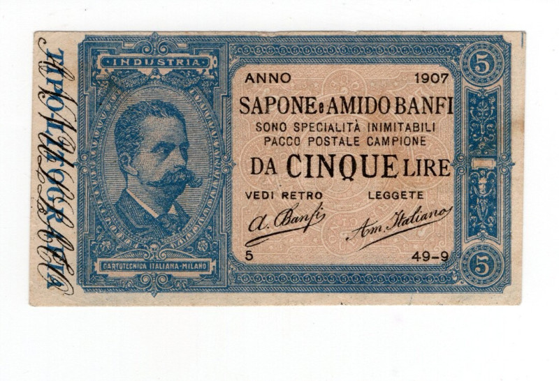 Biglietto pubblicitario del "Amido Borace Banfi" su modello del 5 Lire Umberto I...
