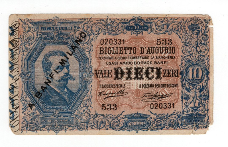 Biglietto pubblicitario del "Sapone e Amido Banfi" su modello del 10 Lire Umbert...