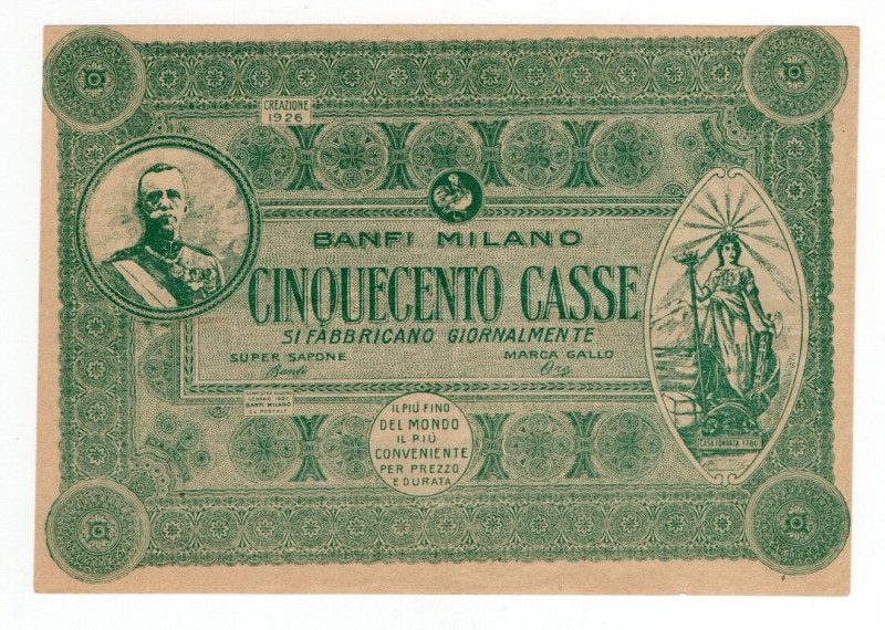 Biglietto pubblicitario Banfi Milano con effige di Vittorio Emanuele III - "500 ...