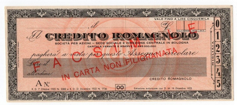 Assegno - Credito Romagnolo - Assegno Circolare - "SPECIMEN", Fino a 5000 Lire -...