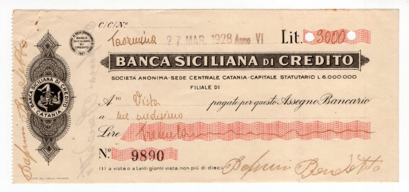 Assegno - Banca Siciliana di Credito, 3000 Lire 1928 , Taormina - Pieghe 

BB...
