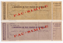 Assegni - Lotto n.2 Assegni composto da: Istituto di San Paolo di Torino, valido fino a 1000 Lire, Serie N°000000 BB ; e Valido fino a 10000 Lire, Ser...