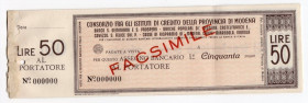 Consorzio fra gli Istituti di Credito della Provincia di Modena - Libretto contenente 5 assegni bancari FACSIMILE da 50 lire, 100 lire, 500 lire, 1000...