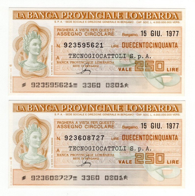 Lotto n.2 Miniassegni - Bergamo, 1977, La Banca Provinciale Lombarda da 250 Lire...
