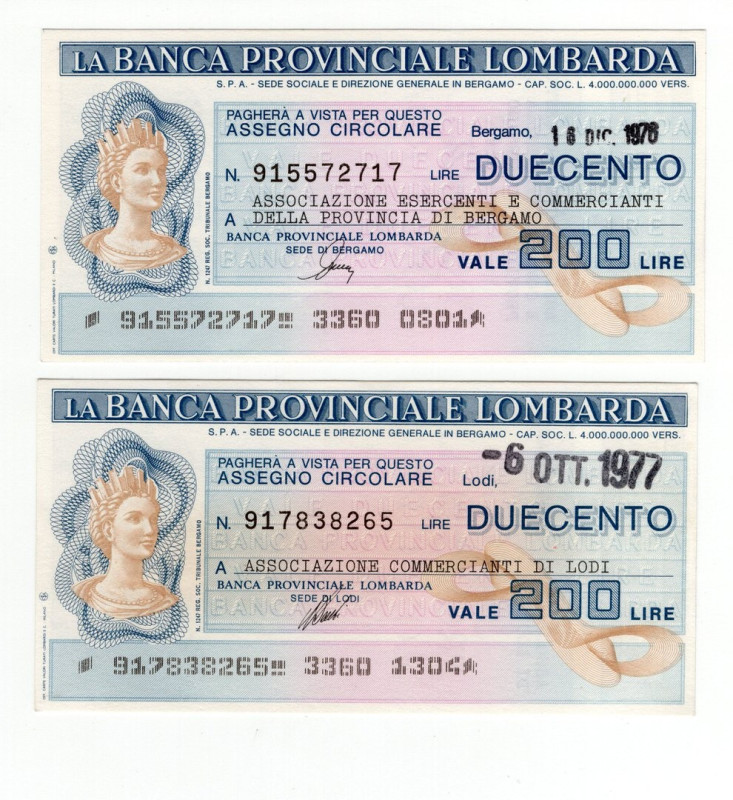 Lotto n.2 Miniassegni - Bergamo, 1976/1977, La Banca Provinciale Lombarda da 200...