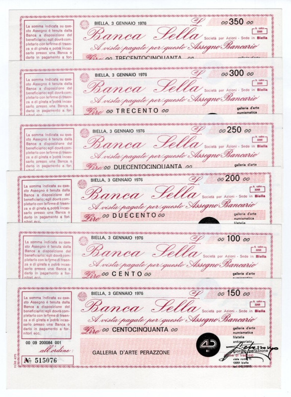 Lotto n.6 Miniassegni - Biella, 1976, Banca Sella da 100, 150, 200, 250, 300, 35...