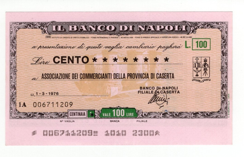 Miniassegno - Caserta, 1976, Il Banco di Napoli da 100 Lire - Associazione dei C...