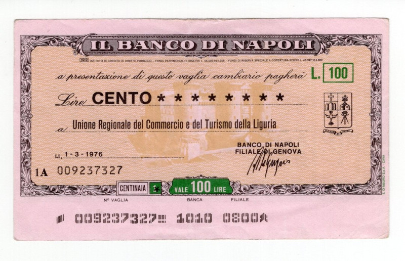 Miniassegno - Genova, 1976, Il Banco di Napoli da 100 Lire - Unione Regionale de...