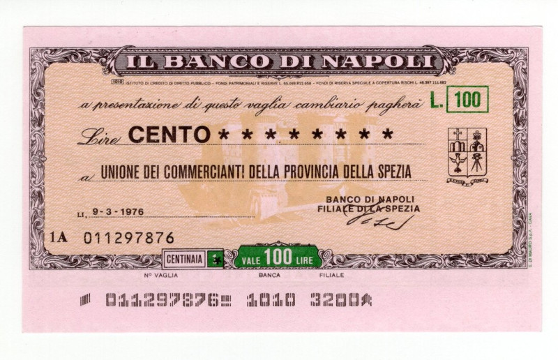 Miniassegno - La Spezia, 1976, Il Banco di Napoli da 100 Lire - Unione dei Comme...