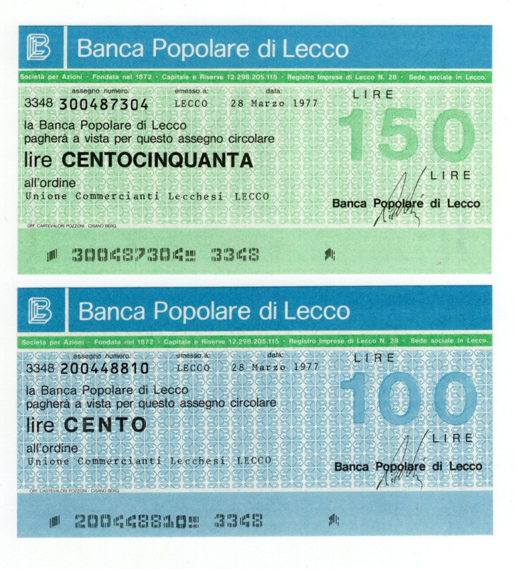 Lotto n.2 Miniassegni - Lecco, 1977, Banca Popolare di Lecco da 100, 150 Lire - ...