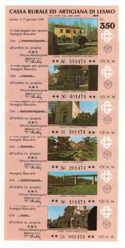 Lotto n.6 Miniassegni - Lesmo, 1978, Cassa Rurale ed Artigiana Lesmo da 100, 150...
